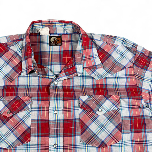 Vintage Open Range Western Shirt Adult EXTRA LARGE Red Plaid Pearl Snap 90s - Picture 2 of 9